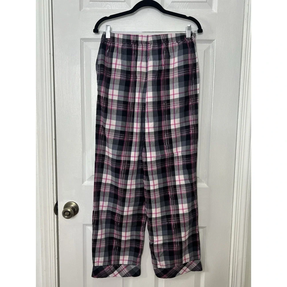 Victorias Secret 2PC Flannel Plaid Long Sleeve ButtonUp Shirt Pants Pink Black S